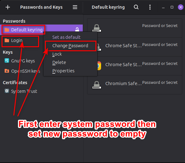 change default keyring password to empty